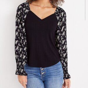 Floral sleeve sweetheart neck blouse